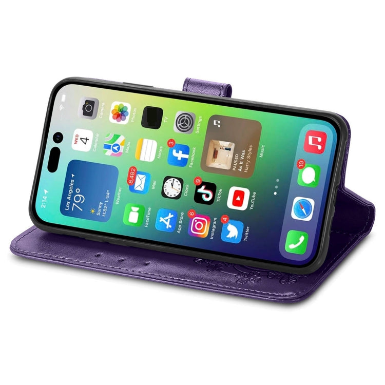 For iPhone 15 Pro Max Four-leaf Clasp Embossed Buckle Leather Phone Case(Purple)