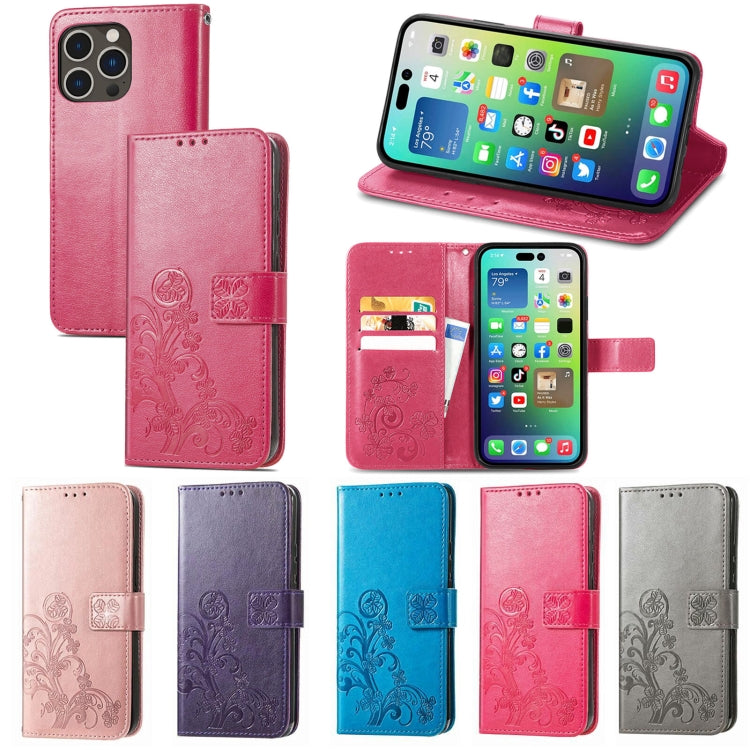 For iPhone 15 Pro Max Four-leaf Clasp Embossed Buckle Leather Phone Case(Blue)