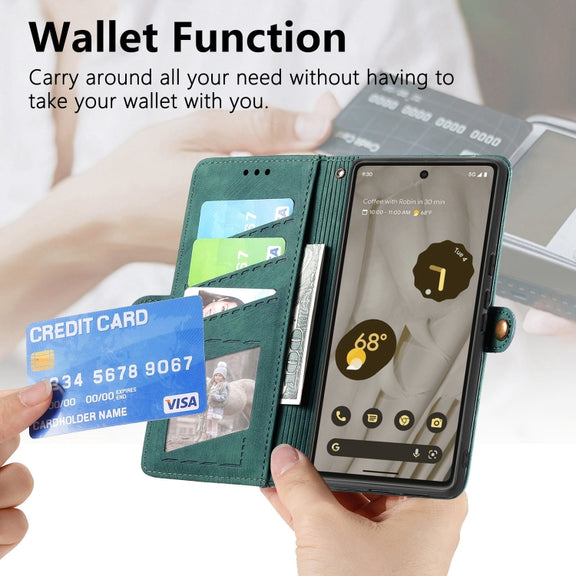 For Google Pixel 6a Geometric Zipper Wallet Side Buckle Leather Phone Case(Green)
