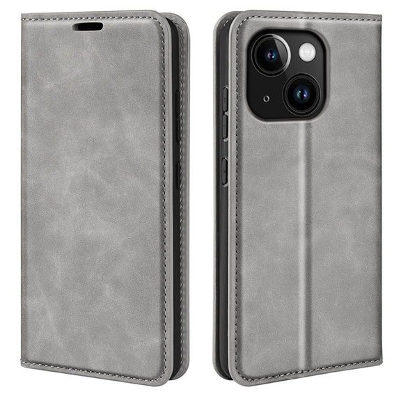 For iPhone 15 Plus Retro-skin Magnetic Suction Leather Phone Case(Grey)