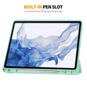 For Samsung Galaxy Tab S9 ENKAY Tri-fold Custer Leather TPU Bottom Smart Case with Pen Slot(Light Green)