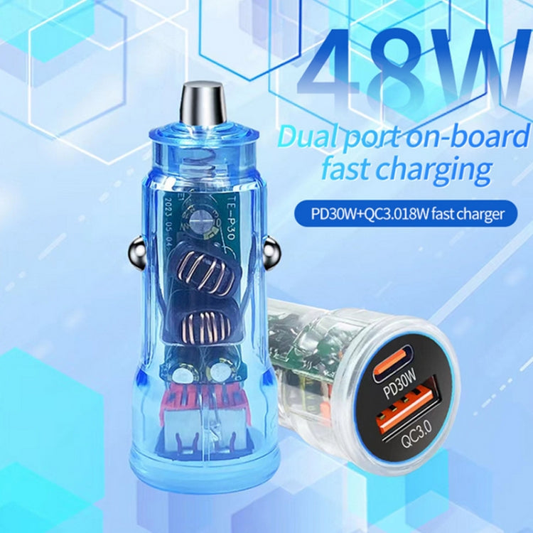 P35 48W PD30W + QC3.0 18W USB Transparent Car Charger with Type-C to 8 Pin Phone Data Cable(Transparent)