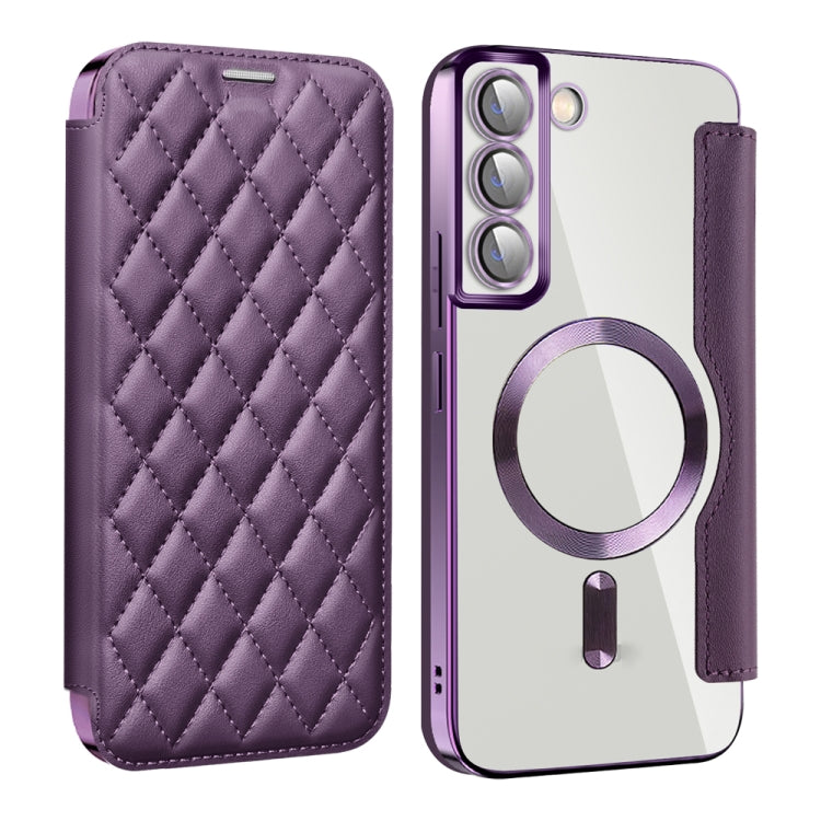 For Samsung Galaxy S23+ 5G Shield Magsafe RFID Anti-theft Rhombus Leather Phone Case(Purple)