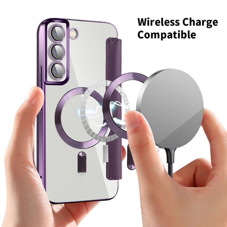 For Samsung Galaxy S23+ 5G Shield Magsafe RFID Anti-theft Rhombus Leather Phone Case(Purple)