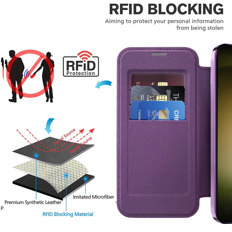 For Samsung Galaxy S23+ 5G Shield Magsafe RFID Anti-theft Rhombus Leather Phone Case(Purple)