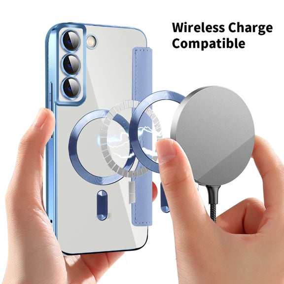 For Samsung Galaxy S23+ 5G Shield MagSafe RFID Anti-theft Rhombus Leather Phone Case(Blue)