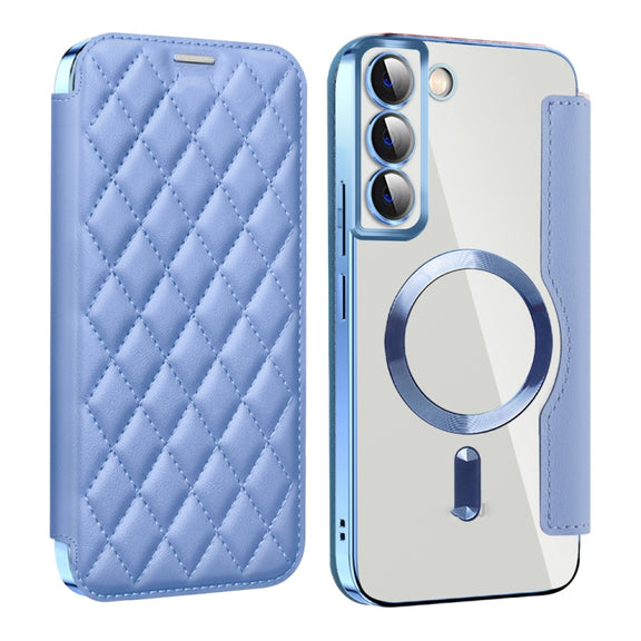 For Samsung Galaxy S23+ 5G Shield MagSafe RFID Anti-theft Rhombus Leather Phone Case(Blue)
