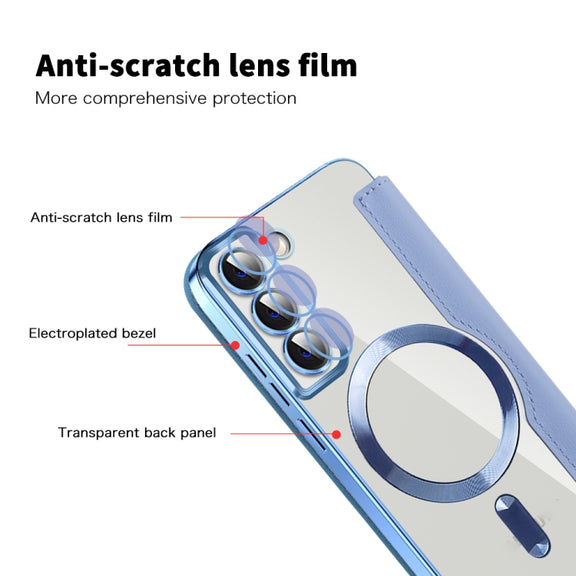 For Samsung Galaxy S23+ 5G Shield MagSafe RFID Anti-theft Rhombus Leather Phone Case(Blue)