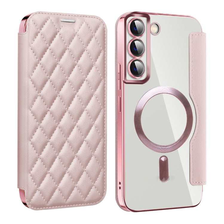 For Samsung Galaxy S23+ 5G Shield MagSafe RFID Anti-theft Rhombus Leather Phone Case(Pink)