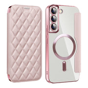 For Samsung Galaxy S23+ 5G Shield MagSafe RFID Anti-theft Rhombus Leather Phone Case(Pink)