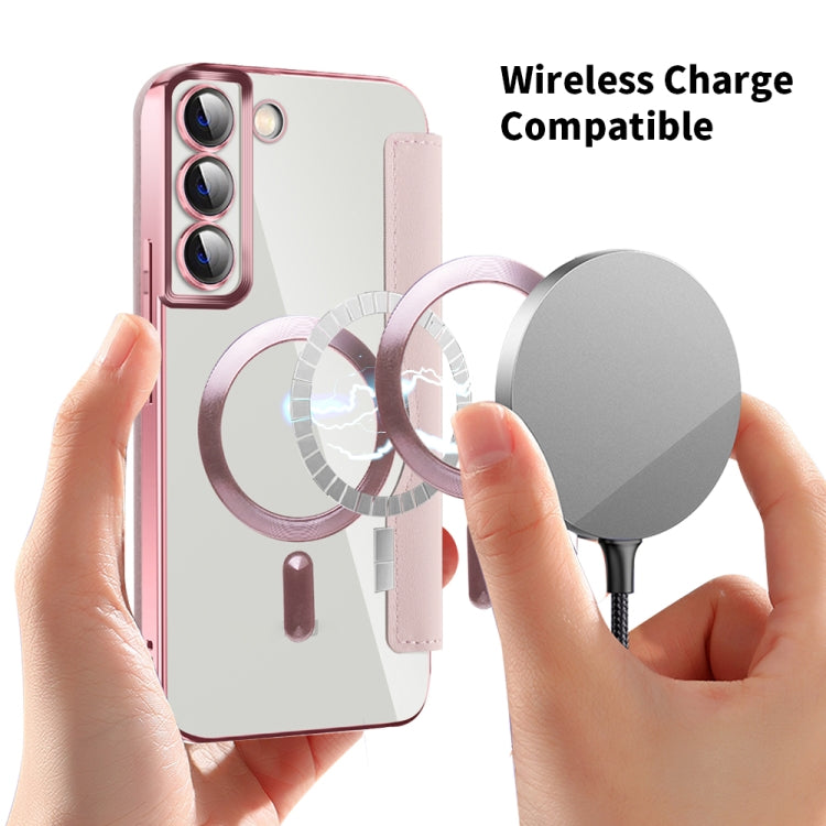 For Samsung Galaxy S23+ 5G Shield MagSafe RFID Anti-theft Rhombus Leather Phone Case(Pink)