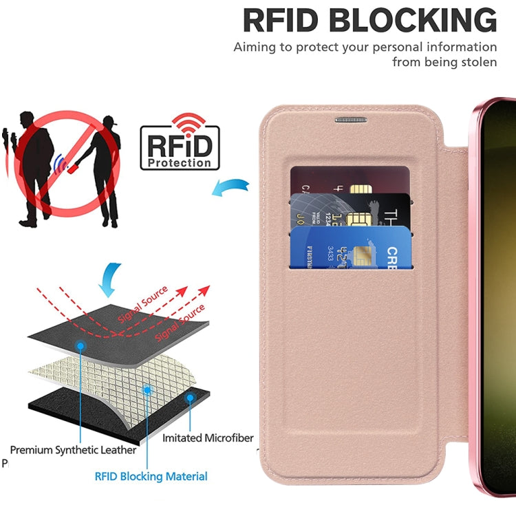 For Samsung Galaxy S23+ 5G Shield MagSafe RFID Anti-theft Rhombus Leather Phone Case(Pink)