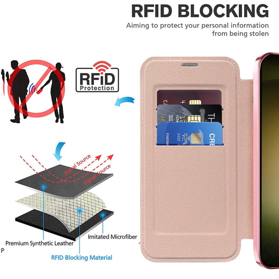 For Samsung Galaxy S23+ 5G Shield MagSafe RFID Anti-theft Rhombus Leather Phone Case(Pink)