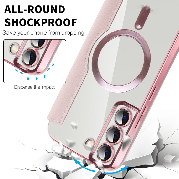 For Samsung Galaxy S23+ 5G Shield MagSafe RFID Anti-theft Rhombus Leather Phone Case(Pink)