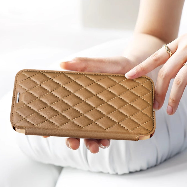 For Samsung Galaxy S23+ 5G Shield Magsafe RFID Anti-theft Rhombus Leather Phone Case(Brown)