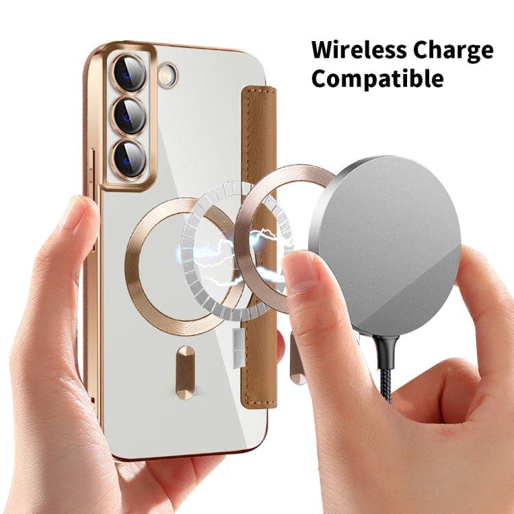 For Samsung Galaxy S23+ 5G Shield Magsafe RFID Anti-theft Rhombus Leather Phone Case(Brown)