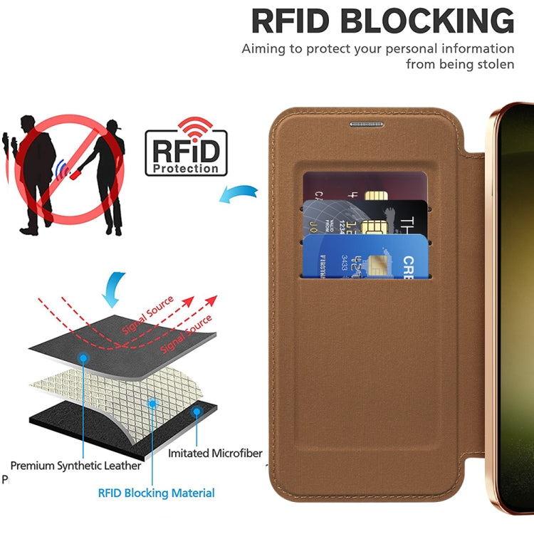 For Samsung Galaxy S23+ 5G Shield Magsafe RFID Anti-theft Rhombus Leather Phone Case(Brown)
