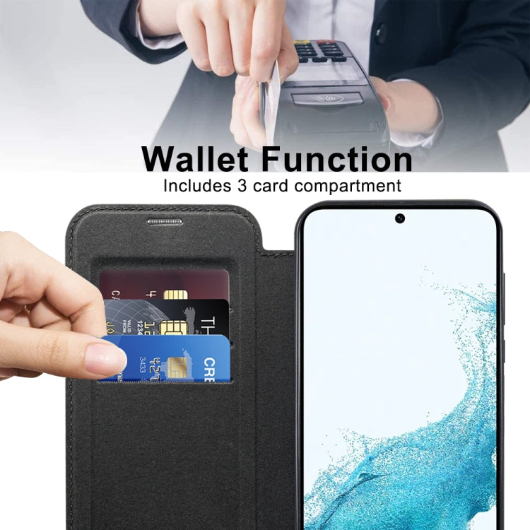 For Samsung Galaxy S22 5G Shield Magsafe RFID Anti-theft Rhombus Leather Phone Case(Black)