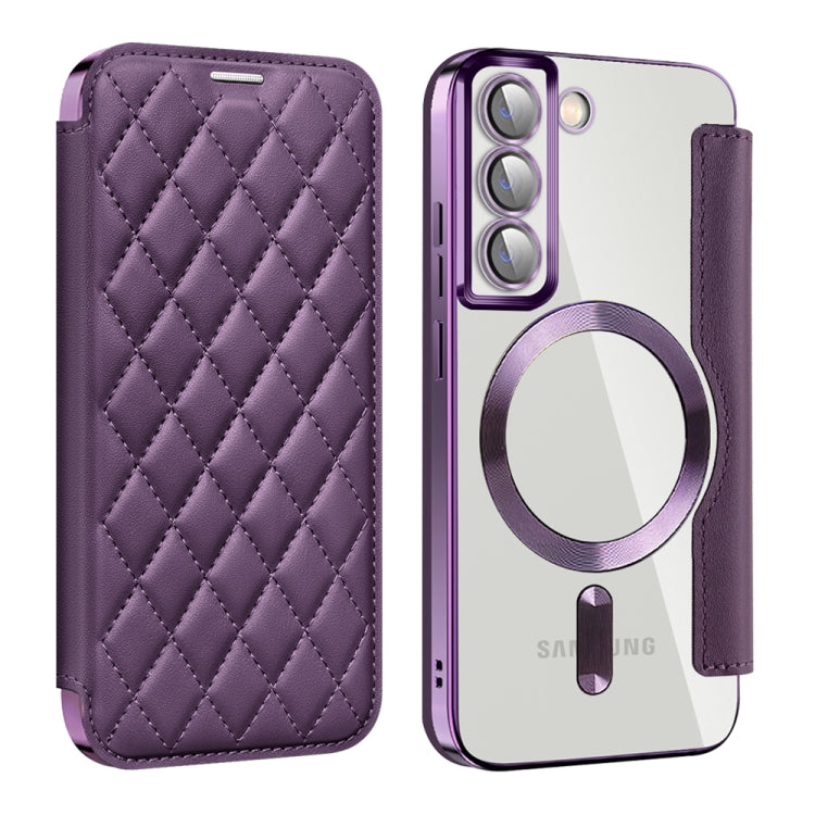 For Samsung Galaxy S22 5G Shield Magsafe RFID Anti-theft Rhombus Leather Phone Case(Purple)