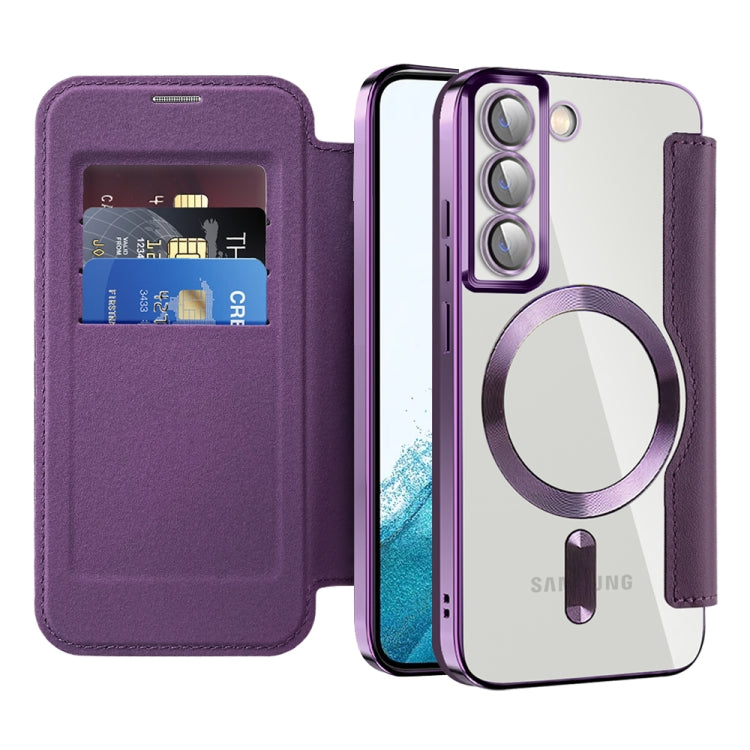 For Samsung Galaxy S22 5G Shield Magsafe RFID Anti-theft Rhombus Leather Phone Case(Purple)