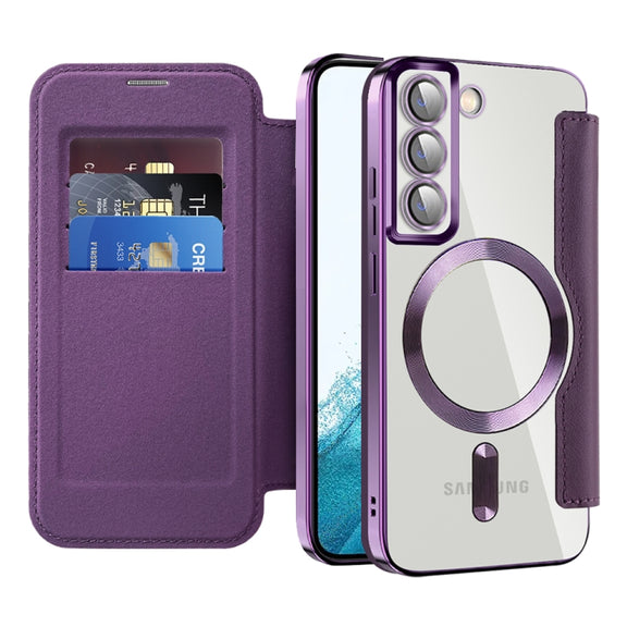 For Samsung Galaxy S22 5G Shield Magsafe RFID Anti-theft Rhombus Leather Phone Case(Purple)