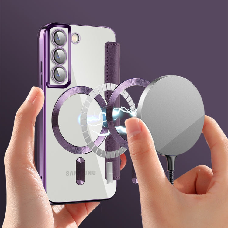 For Samsung Galaxy S22 5G Shield Magsafe RFID Anti-theft Rhombus Leather Phone Case(Purple)