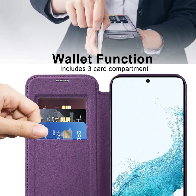 For Samsung Galaxy S22 5G Shield Magsafe RFID Anti-theft Rhombus Leather Phone Case(Purple)