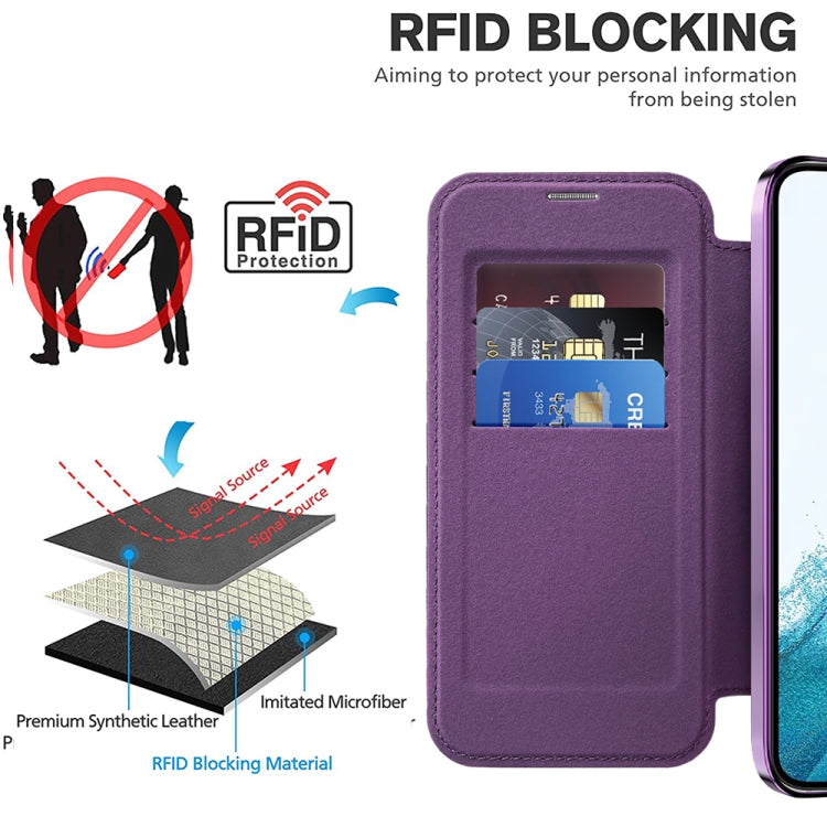 For Samsung Galaxy S22 5G Shield Magsafe RFID Anti-theft Rhombus Leather Phone Case(Purple)