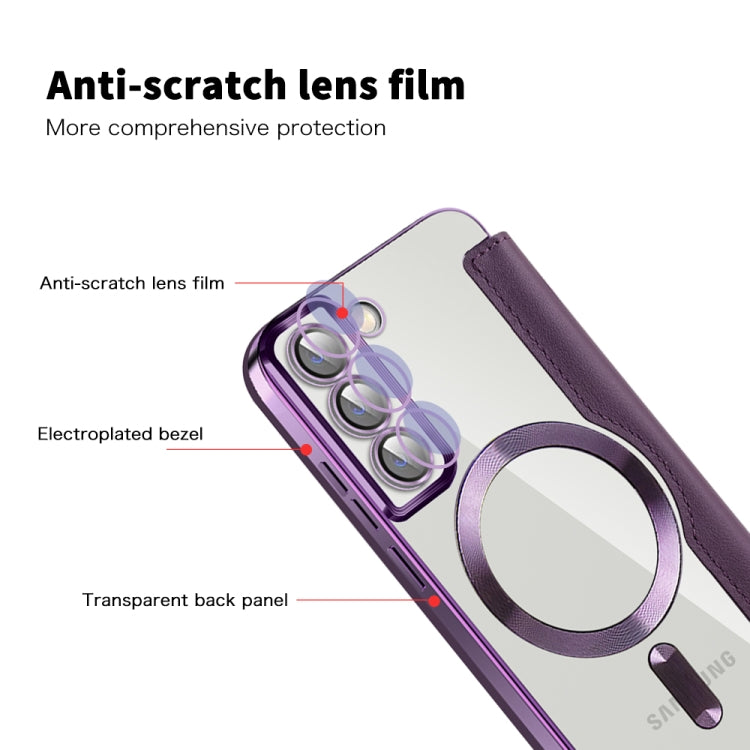 For Samsung Galaxy S22 5G Shield Magsafe RFID Anti-theft Rhombus Leather Phone Case(Purple)