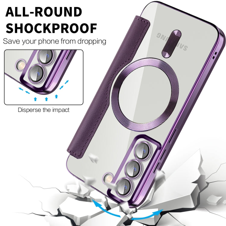 For Samsung Galaxy S22 5G Shield Magsafe RFID Anti-theft Rhombus Leather Phone Case(Purple)