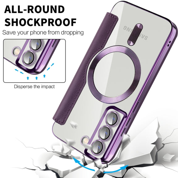 For Samsung Galaxy S22 5G Shield Magsafe RFID Anti-theft Rhombus Leather Phone Case(Purple)