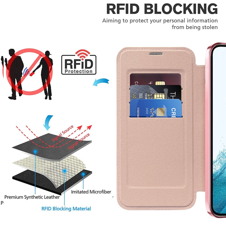 For Samsung Galaxy S22 5G Shield Magsafe RFID Anti-theft Rhombus Leather Phone Case(Pink)