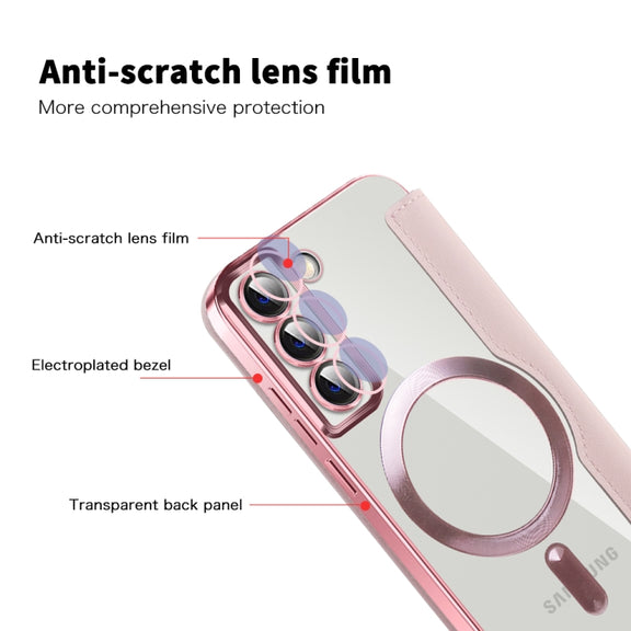 For Samsung Galaxy S22 5G Shield Magsafe RFID Anti-theft Rhombus Leather Phone Case(Pink)