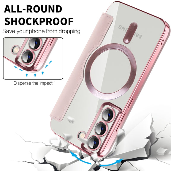For Samsung Galaxy S22 5G Shield Magsafe RFID Anti-theft Rhombus Leather Phone Case(Pink)