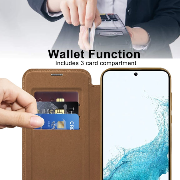For Samsung Galaxy S22 5G Shield Magsafe RFID Anti-theft Rhombus Leather Phone Case(Brown)