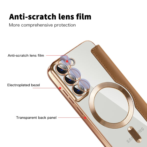 For Samsung Galaxy S22 5G Shield Magsafe RFID Anti-theft Rhombus Leather Phone Case(Brown)