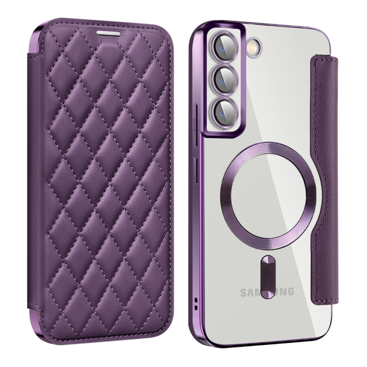 For Samsung Galaxy S22+ 5G Shield MagSafe RFID Anti-theft Rhombus Leather Phone Case(Purple)