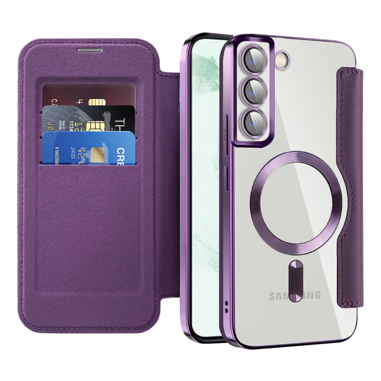 For Samsung Galaxy S22+ 5G Shield MagSafe RFID Anti-theft Rhombus Leather Phone Case(Purple)