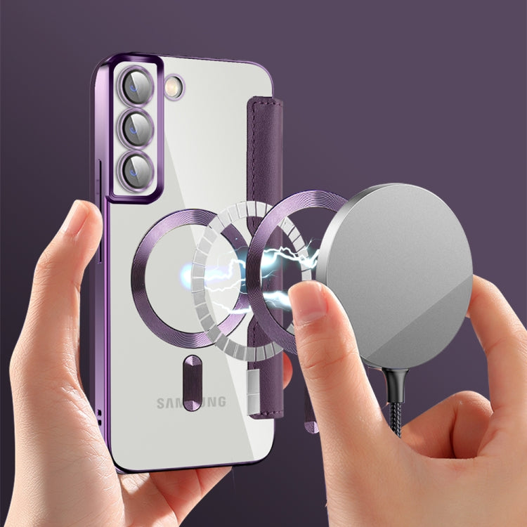For Samsung Galaxy S22+ 5G Shield MagSafe RFID Anti-theft Rhombus Leather Phone Case(Purple)