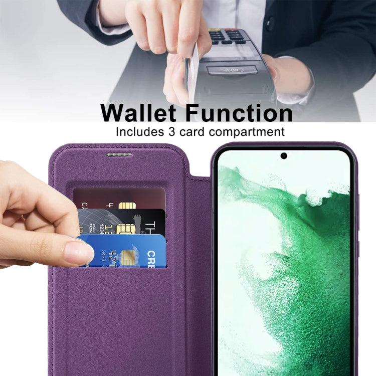 For Samsung Galaxy S22+ 5G Shield MagSafe RFID Anti-theft Rhombus Leather Phone Case(Purple)