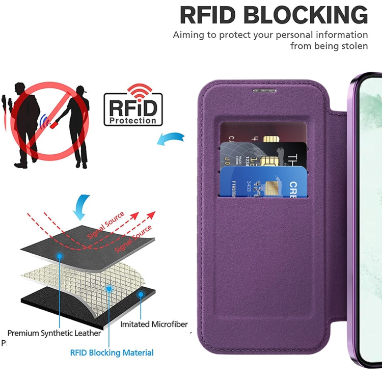 For Samsung Galaxy S22+ 5G Shield MagSafe RFID Anti-theft Rhombus Leather Phone Case(Purple)