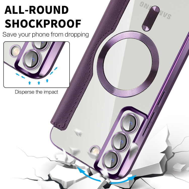 For Samsung Galaxy S22+ 5G Shield MagSafe RFID Anti-theft Rhombus Leather Phone Case(Purple)