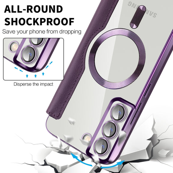 For Samsung Galaxy S22+ 5G Shield MagSafe RFID Anti-theft Rhombus Leather Phone Case(Purple)
