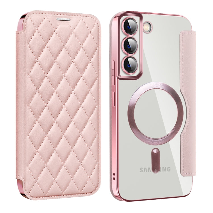 For Samsung Galaxy S22+ 5G Shield MagSafe RFID Anti-theft Rhombus Leather Phone Case(Pink)