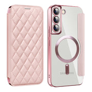 For Samsung Galaxy S22+ 5G Shield MagSafe RFID Anti-theft Rhombus Leather Phone Case(Pink)
