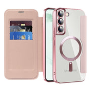 For Samsung Galaxy S22+ 5G Shield MagSafe RFID Anti-theft Rhombus Leather Phone Case(Pink)