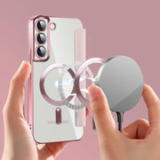 For Samsung Galaxy S22+ 5G Shield MagSafe RFID Anti-theft Rhombus Leather Phone Case(Pink)