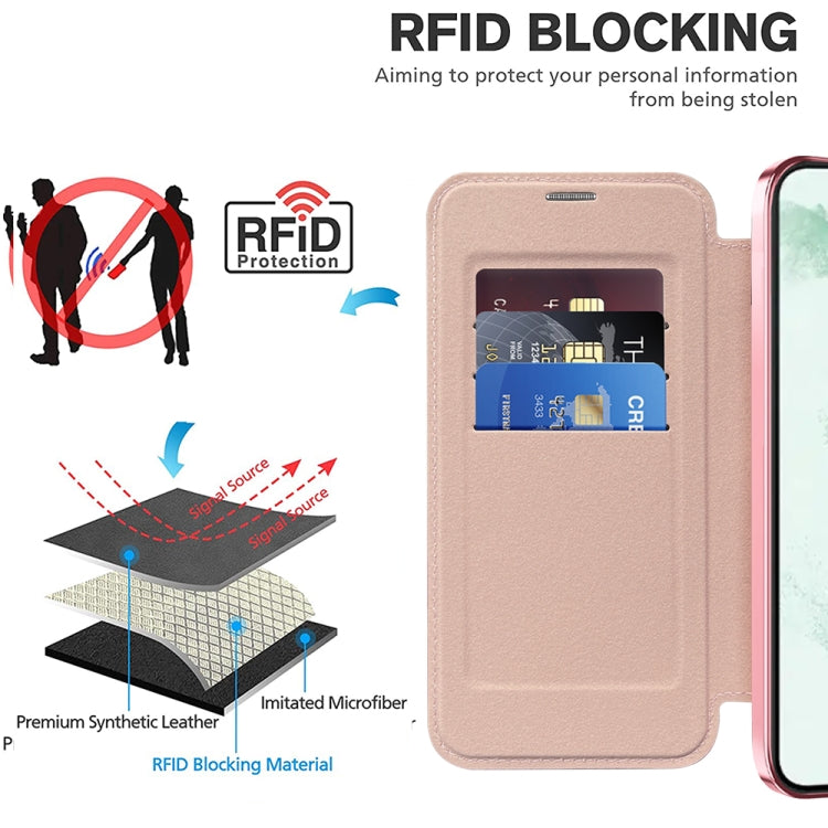 For Samsung Galaxy S22+ 5G Shield MagSafe RFID Anti-theft Rhombus Leather Phone Case(Pink)