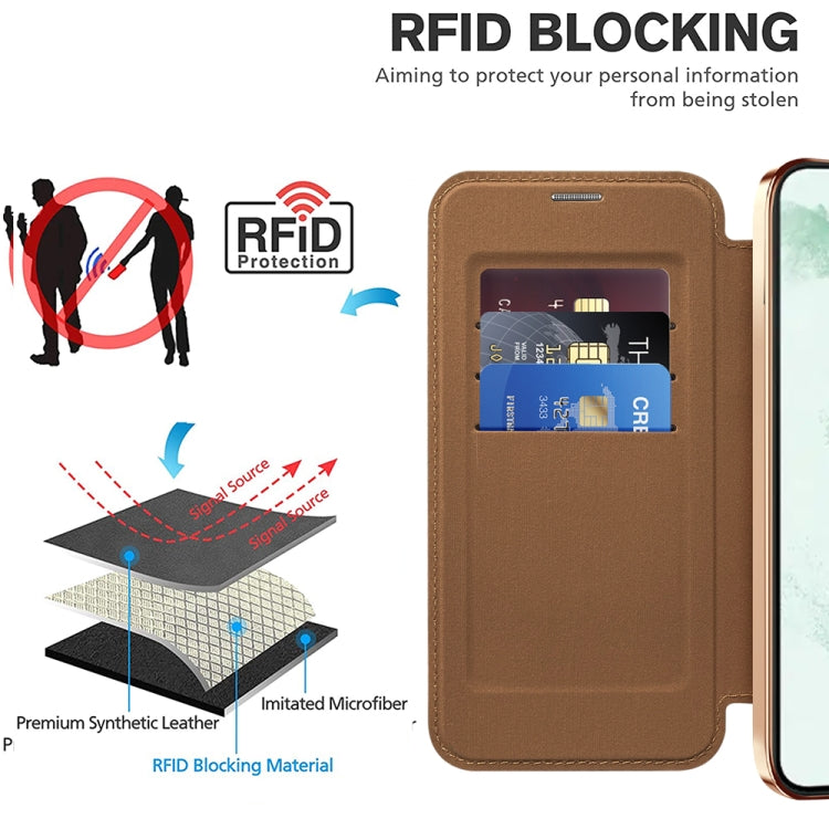 For Samsung Galaxy S22+ 5G Shield MagSafe RFID Anti-theft Rhombus Leather Phone Case(Brown)