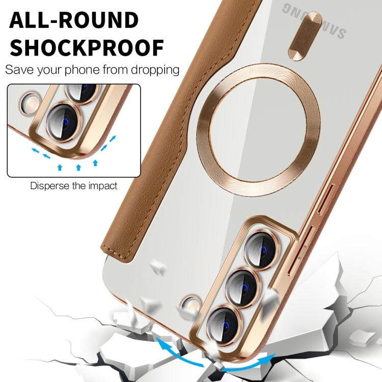 For Samsung Galaxy S22+ 5G Shield MagSafe RFID Anti-theft Rhombus Leather Phone Case(Brown)